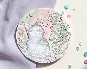 Natural Hand Carved Cat on Mother of Pearl Stone, Unique Carving Stone For Jewelry Making 20mm, Floral Delicate Carvings , Cat jewelry