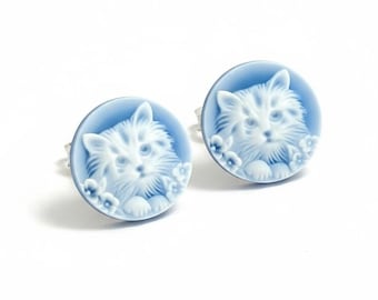 Blue - Black Agate Cat Cameo,  Round Gemstone Cabochon, Cute Kitty Cameo for Jewelry Making, Animal Lover Craft Supply