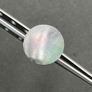 May include: A round, iridescent, mother-of-pearl disc, approximately 1 inch in diameter, is held by a pair of silver metal tweezers. The disc reflects shades of pink, green, and silver. The background is a solid gray.