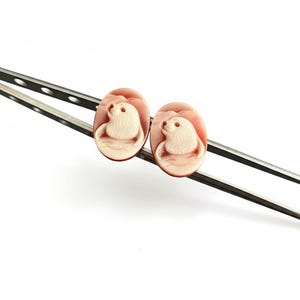 May include: Two oval-shaped cameos featuring a carved relief of a seal in a light pink and cream color palette. The cameos are held by a pair of silver-toned metal tweezers, showcasing the detailed animal portrait and smooth, polished surface.