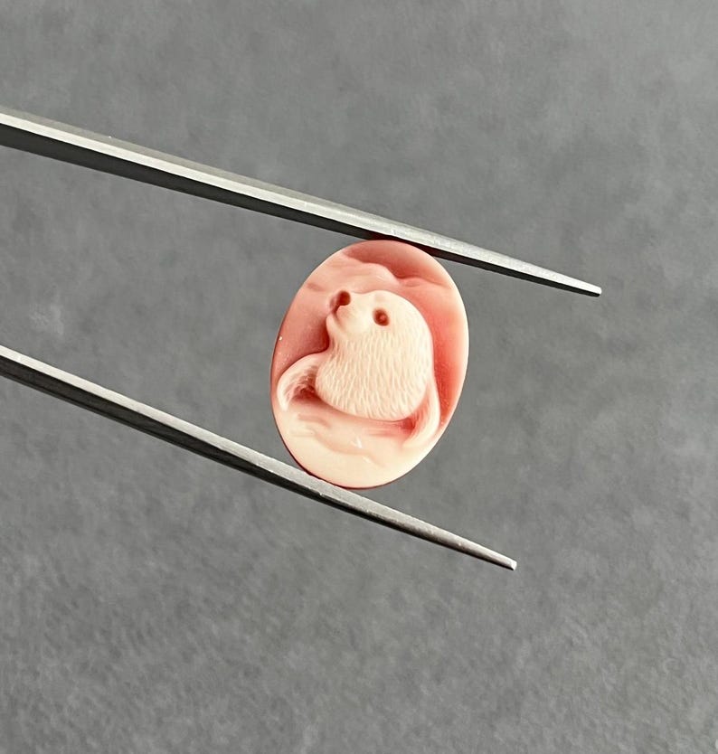 May include: An oval-shaped, light pink cameo carving featuring a relief of a seal. The piece is held by a pair of silver-toned metal tweezers, showcasing the detailed texture of the animal's fur and its rounded form against a smooth background.