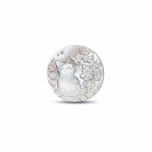 May include: A round, iridescent mother-of-pearl pendant featuring a detailed carving of a cat gazing to the side. The design includes floral elements and butterflies, creating a nature-inspired theme. The pendant has a polished, reflective surface.