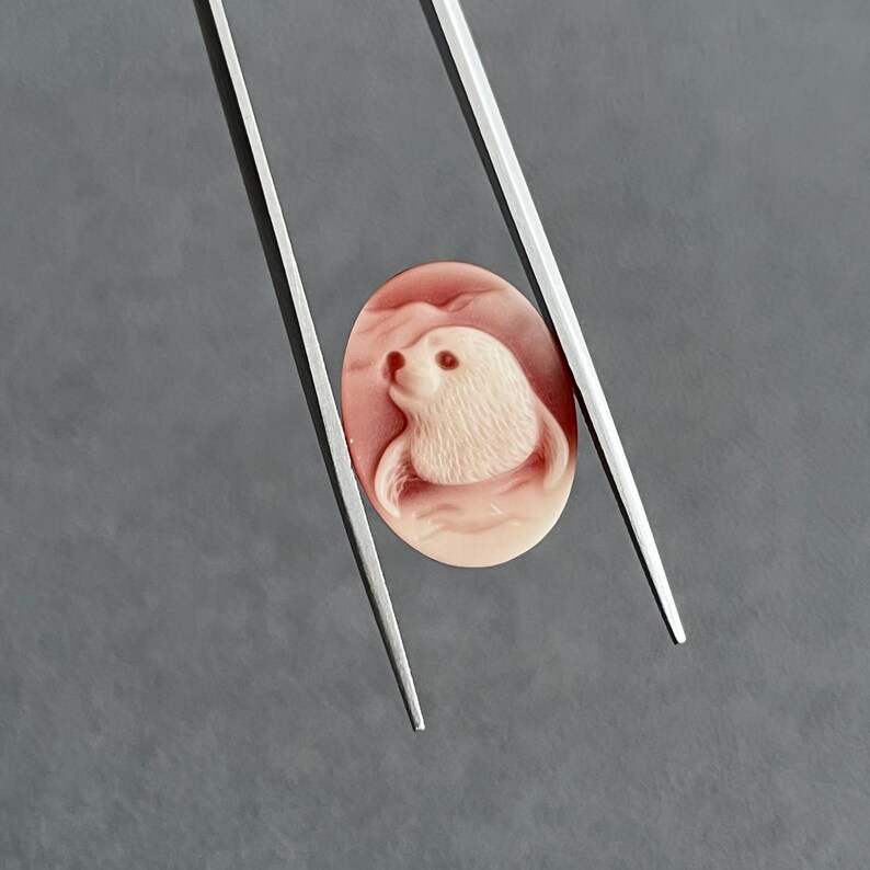 May include: An oval-shaped, light pink carved cameo featuring a detailed relief of a seal pup. The seal is depicted with textured fur, a small snout, and a dark eye, set against a smooth, lighter pink background. The cameo is held by metal tweezers.