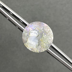 May include: A round, iridescent pendant featuring a detailed cat profile surrounded by flowers and butterflies. The pendant has a pearlescent sheen with subtle hints of color. The design is set against a gray background, with a silver bar diagonally across the image.
