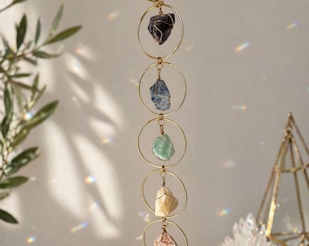 7 Chakra Crystal Hanging, Meditation Decor, Raw Gemstone Suncatcher for Yoga and Meditation Space , Boho Window Hanging , Housewarming Gift
