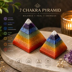 May include: Two pyramids made of layered, multi-colored natural stones. The text reads 7 CHAKRA PYRAMID, BALANCE, HEAL, ENERGIZE, along with labels for Crown, Third Eye, Throat, Heart, Solar Plexus, Sacral, and Root, plus icons for stone, balance, healing, and gift.