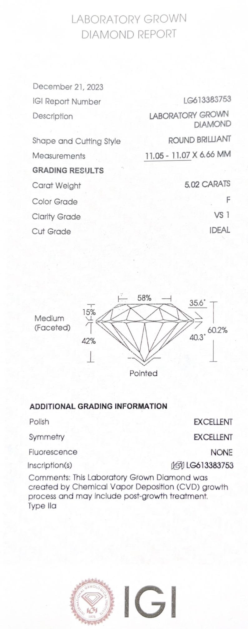 Lab Created Diamond Inscription Lab Grown CVD Loose Round Brilliant Cut Diamond, 5.02 Carat Round ...