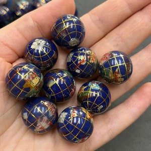 18mm 8 pcs Lapis Gold Color Inlay Globe Gemstone Beads Cabochon , Full Round Lapis Gold Color,  Lot Of 8 for Jewelry Making