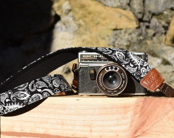 Black & White Paisley Camera Strap, DSLR SLR with Quick Release