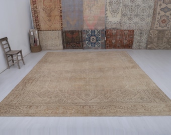 Tapete turco Oushak extragrande 10x12, feito à mão em mistura de lã e algodão.