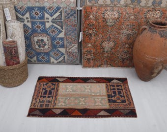 Vintage Oushak Rug 2x4: Small Turkish Cotton Wool Rug