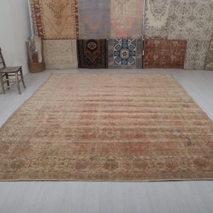 May include: Large, rectangular, vintage rug with a faded, distressed appearance. The rug features a warm color palette of beige, peach, and brown tones. The edges have a detailed floral border. The rug is displayed on a light-colored floor.