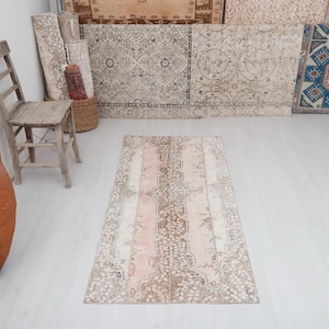 Vintage Turkish Runner Rug: 3x6 Oushak Hallway Rug, Wool Cotton Blend