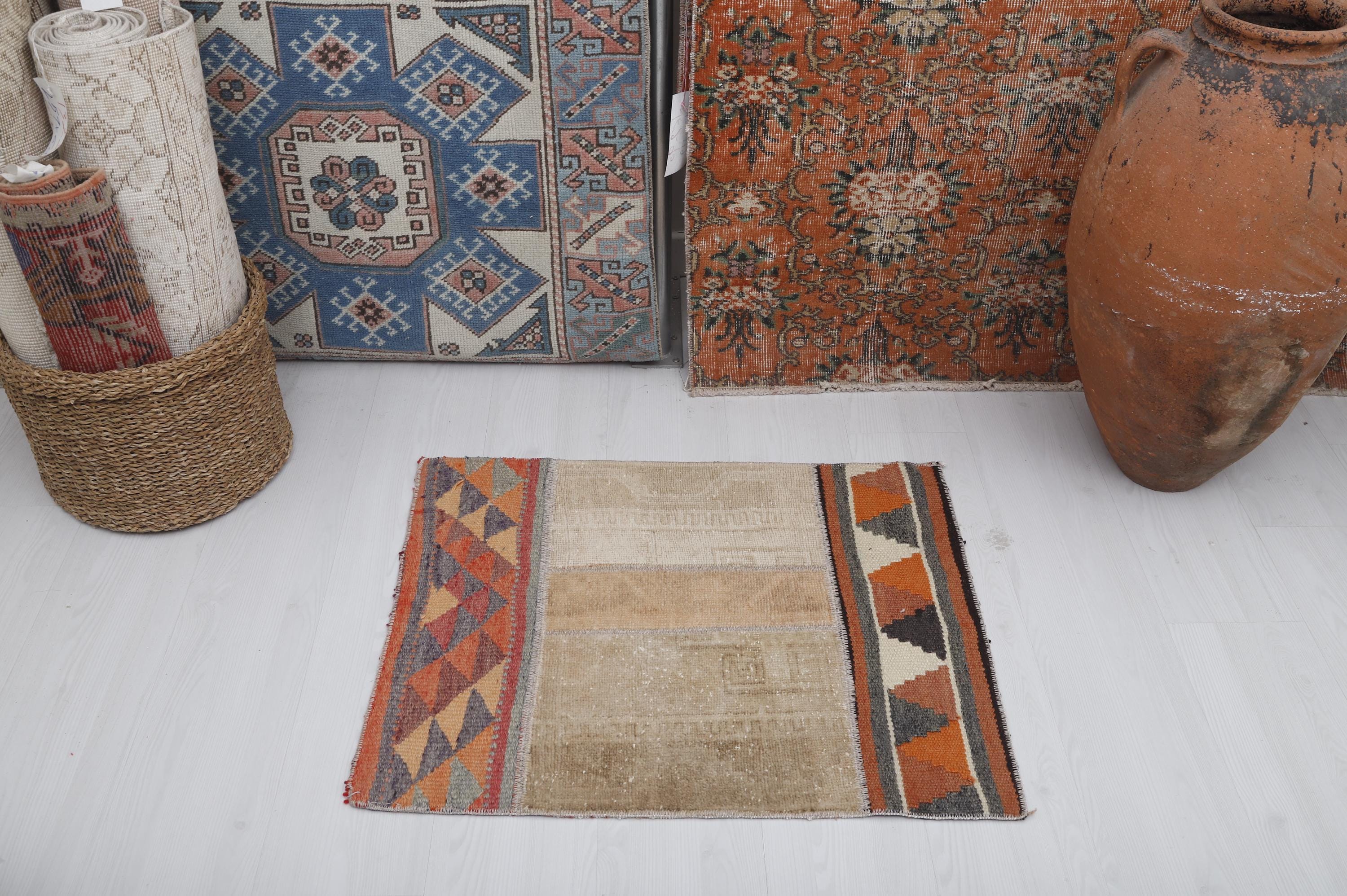 Handmade Wool Mini Rug: Vintage Turkish Oushak Door Mat (2.7 X 2.3