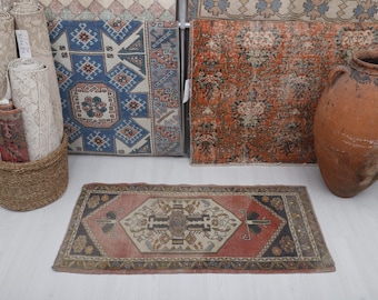 Vintage Turkish Mini Rug, Entryway Doormat, 3.9x1.9 ft