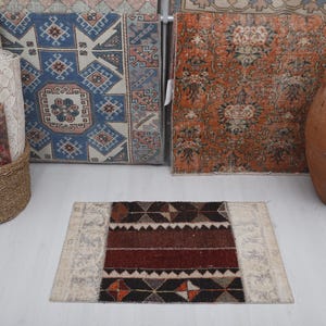 Vintage Turkish Doormat Rug: 2x3 Cotton Wool Entryway Rug