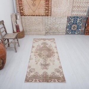 Vintage Turkish Oushak Runner Rug: 3x7 Wool Anatolian Rug