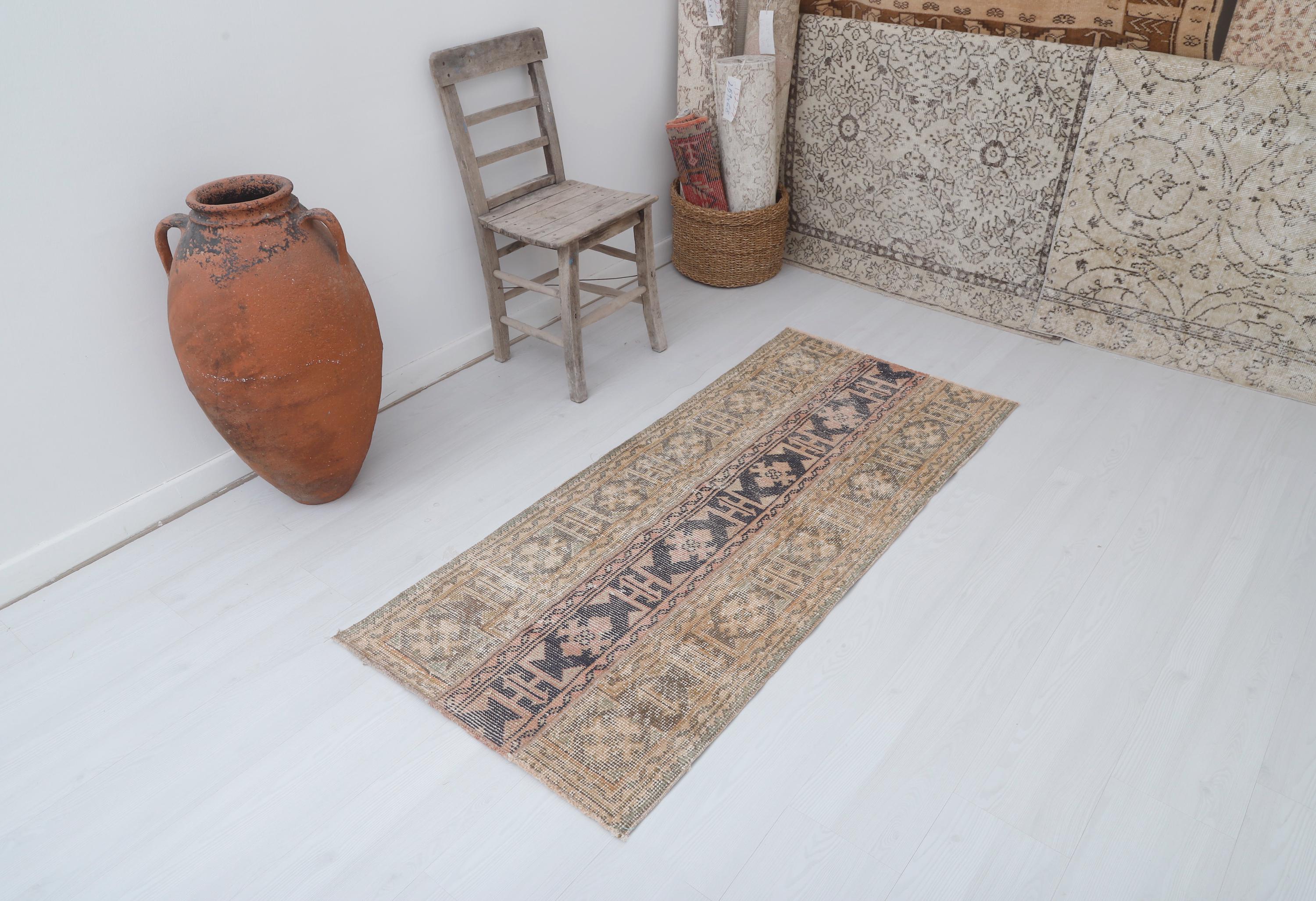 Vintage Turkish Wool Rug 2x5: Neutral Oushak Anatolian Rug