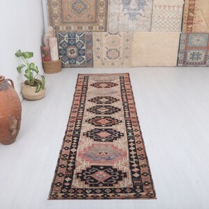3x11 Vintage Turkish Runner Rug: Muted Oushak Hallway Rug