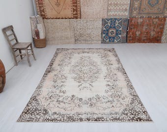 Alfombra turca Oushak vintage: alfombra de lana beige y marrón de 14 x 24 cm