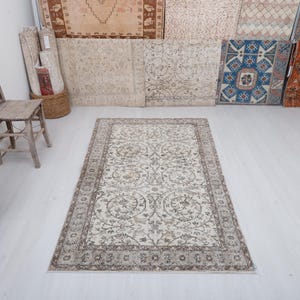 Vintage Oushak Rug 4x7: Wool Anatolian Area Rug, Pastel Bohemian Decor