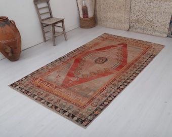 Muted Vintage Turkish Wool Rug 5x8: Anatolian Oushak Rug
