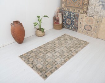Vintage Oushak Rug 3x7: Small Turkish Anatolian Rug