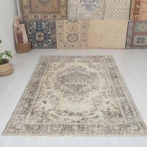 Vintage Oushak Wool Rug 6x9: Muted Pastel Anatolian Turkish Rug