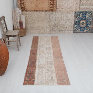 Handmade Wool Turkish Runner Rug: Vintage Oushak Style, 3x8
