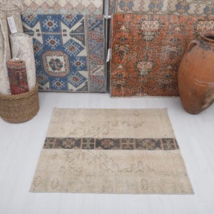 Vintage Turkish Mini Rug: Anatolian Oushak Cotton Wool Door Mat (3.5x2.9 ft)
