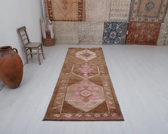 Vintage Oushak Wool Runner Rug - 4x10 Turkish Hallway Carpet