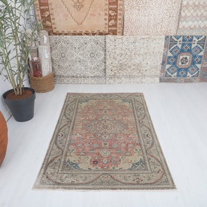 4x6 Vintage Oushak Rug: Small Anatolian Cotton Wool Rug
