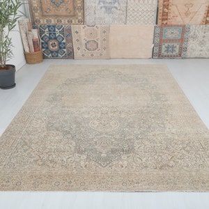 Handmade Wool Oushak Rug: Muted Colors Vintage Turkish Oversize Rug (7.8 x 11.5 ft)