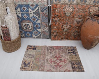 Vintage Turkish Doormat Rug: 2x4 Cotton Wool Entryway Rug
