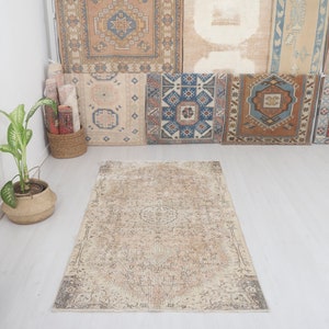 Vintage Oushak Wool Rug 4x6: Muted Anatolian Turkish Rug