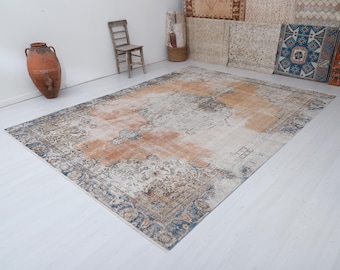 Oversized Vintage Turkish Oushak Rug 8x11: Wool & Cotton