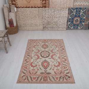 Vintage Oushak Rug 3x5: Muted Pastel Turkish Wool Rug