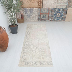 Vintage Oushak Turkish Runner Rug: 3x10 Wool Anatolian Rug