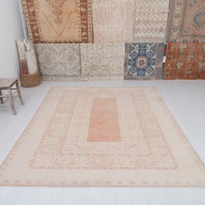 Tapis turc oushak en laine 7 x 9 : couleurs douces, tapis anatolien vintage