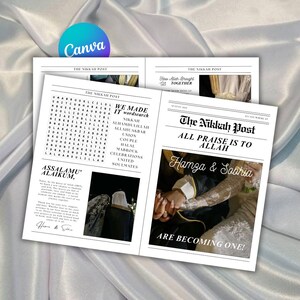 May include: A newspaper-style wedding announcement titled "The Nikkah Post" with the headline "All Praise is to Allah." The announcement includes a word search, photos, and the names Hamza & Sobhia. The background is a soft, white fabric.