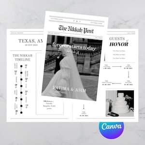 May include: A black and white wedding announcement titled "The Nikkah Post" with the headline "forever starts today." The announcement includes the names Fatima & Asim, a timeline, and a photo of the couple. The date is November 20, 2025.