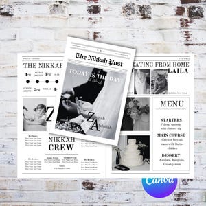 Op de afbeelding: Een zwart-wit trouwkrant getiteld "The Nikkah Post" met de kop "Today is the Day!" en de namen Zainab Abdullah. De krant bevat een menu, foto's en evenementdetails.