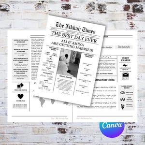 Op de afbeelding: Trouwuitnodiging in krantenstijl met de kop "The Nikkah Times" en de aankondiging "Ali & Amina gaan trouwen!". Bevat evenementdetails, gastprijzen en een foto van het paar.