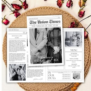 以下が含まれることがあります： 結婚式を知らせる白黒の新聞広告。見出しは「今年のニッカート」で、カップルである「ハエサとイサ」の名前が載っている。新聞には、チキンビリヤニやファルーダなどの料理が載ったメニューが掲載されている。