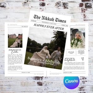 May include: A wedding announcement titled "The Nikkah Times" with the headline "Happily Ever After." The announcement includes photos of the couple, Sumaira and Abdullah, and details about their wedding. The Canva logo is visible.