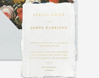 Classic gold foil handmade paper wedding invitation, luxury foil wedding invitation, deckle edge wedding invitation