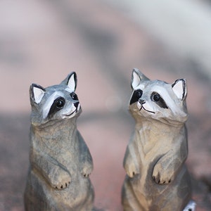 Three Raccoon Statue Hand Carved Painted Little Raccoon Statue Wooden Animals Home Decor ...