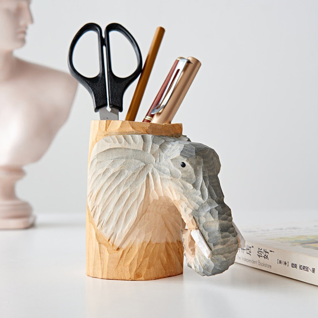 Elephant Pen Holder Storage Bucket Wooden Carved Unique Gift Etsy