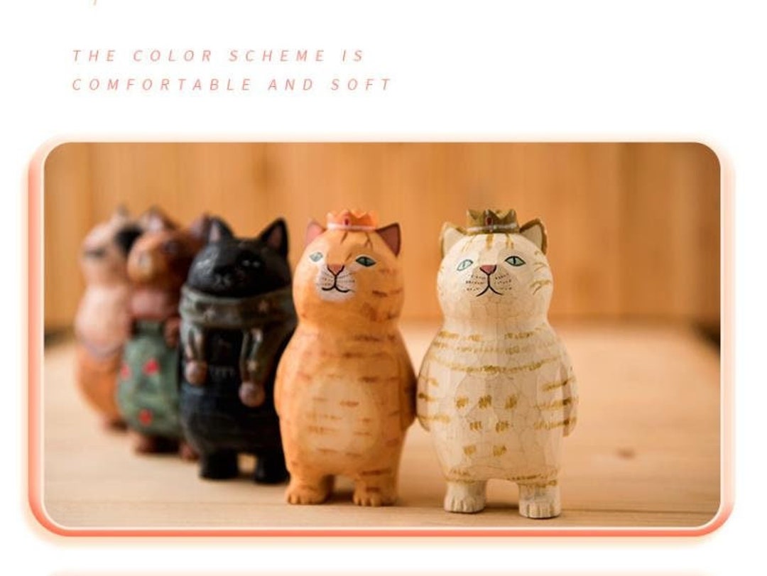 Kellercute Cat Ornaments Wood Carving Handcarved Biological Animal