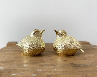 Paire de salière et poivrière oiseaux, métal doré, années 70 vintage